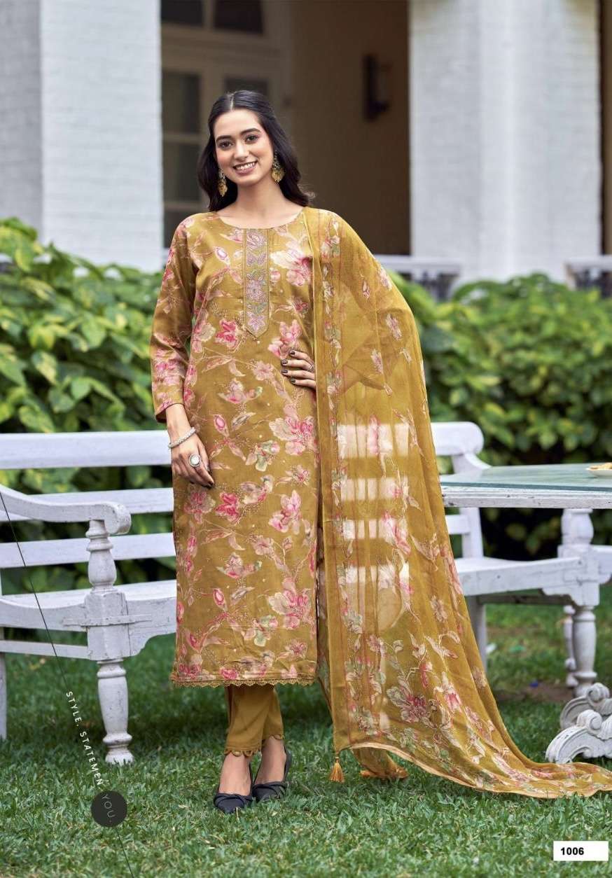 SIYA SILK SERIES 1001 TO 1006 BY MUMTAZ ARTS DESIGNER DISCHARGE PRINT WITH EMBROIDERY AND HAND WORK JAM SATIN SUITS ARE AVAILABLE AT WHOLESALE PRICE 