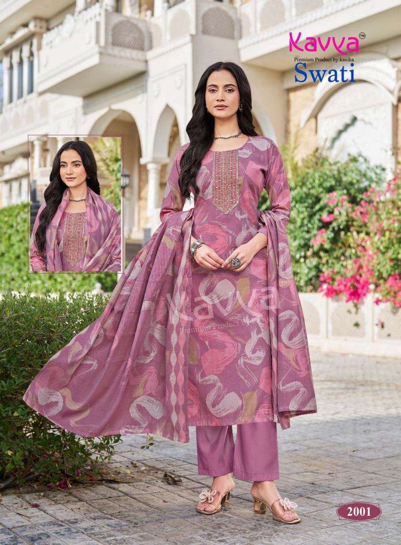 SWATI VOL-2 SERIES 2001 TO 2010 BY KAVYA DESIGNER DISCHARGE PRINT EMBROIDERY WORK CHANDERI SILK TOP WITH BOTTOM AND DUPATTA ARE AVAILABLE AT WHOLESALE PRICE