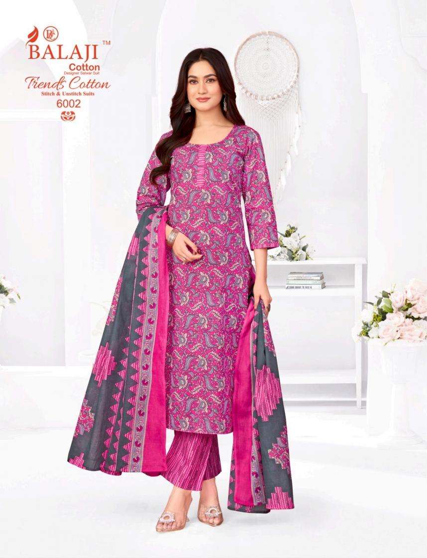 TRENDS COTTON VOL-6 SERIES 6001 TO 6012 BY BALAJI COTTON DESIGNER PRINTED READYMADE SUITS ARE AVAILABLE AT WHOLESALE PRICE