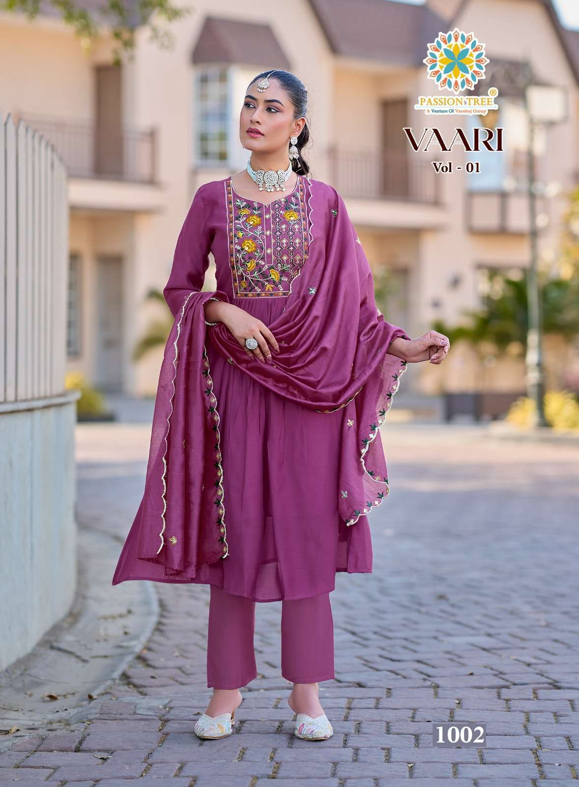 VAARI VOL-1 SERIES 1001 TO 1008 BY PASSION TREE DESIGNER EMBROIDERY WORK MUL CHANDERI KURTI WITH BOTTOM AND DUPATTA ARE AVAILABLE AT WHOLESALE PRICE