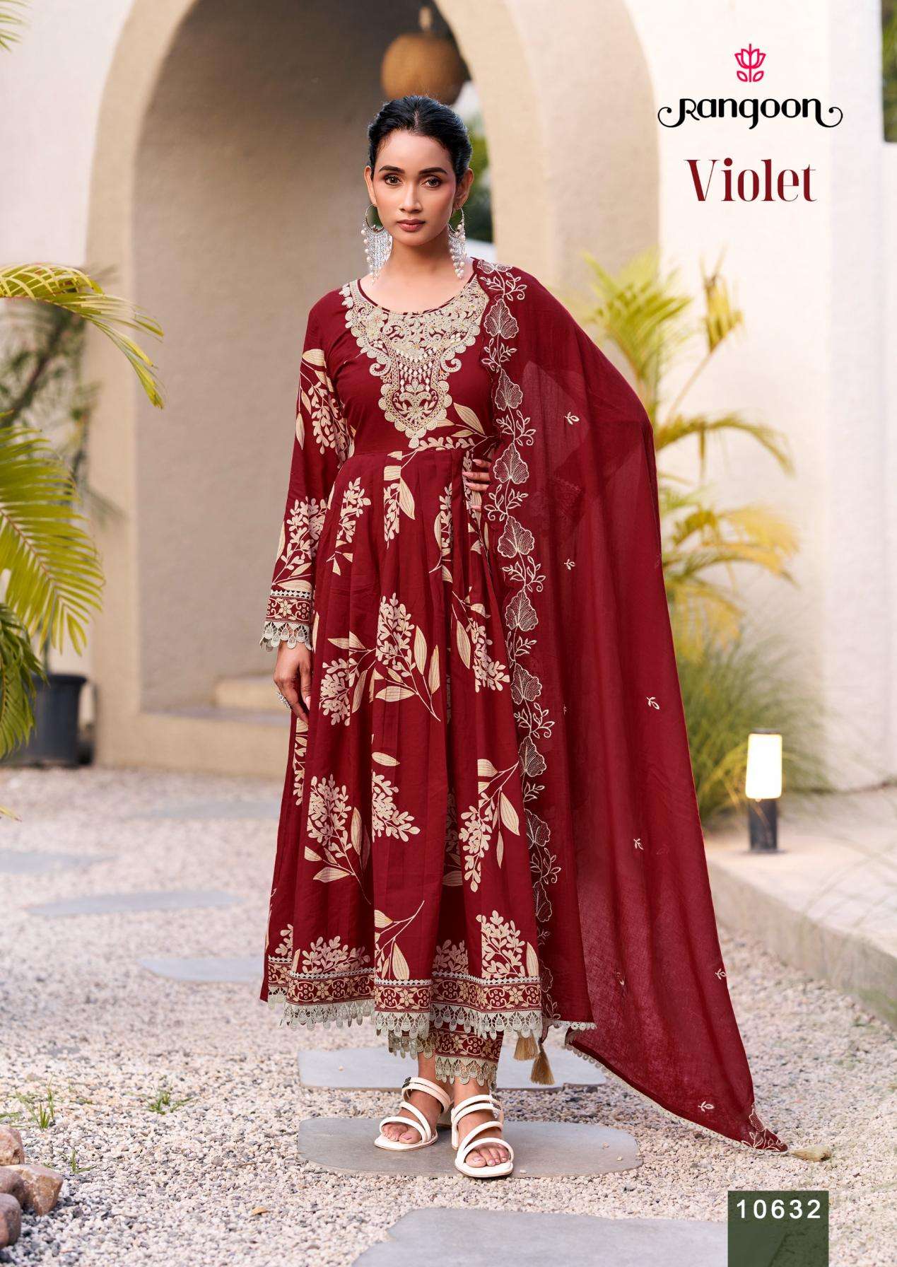 VIOLET SERIES 10631 TO 10634 BY RANGOON DESIGNER PRINTED AND KHATLI HAND WORK COTTON CAMBRIC ANARKALI KURTI WITH BOTTOM AND DUPATTA ARE AVAILABLE AT WHOLESALE PRICE