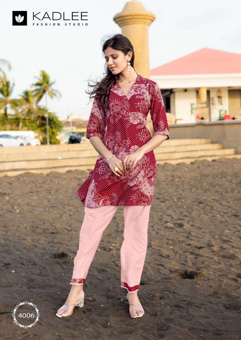 VRUNDA VOL-2 SERIES 4005 TO 4008 BY KADLEE DESIGNER PRINTED FANCY KURTI WITH BOTTOM ARE AVAILABLE AT WHOLESALE PRICE
