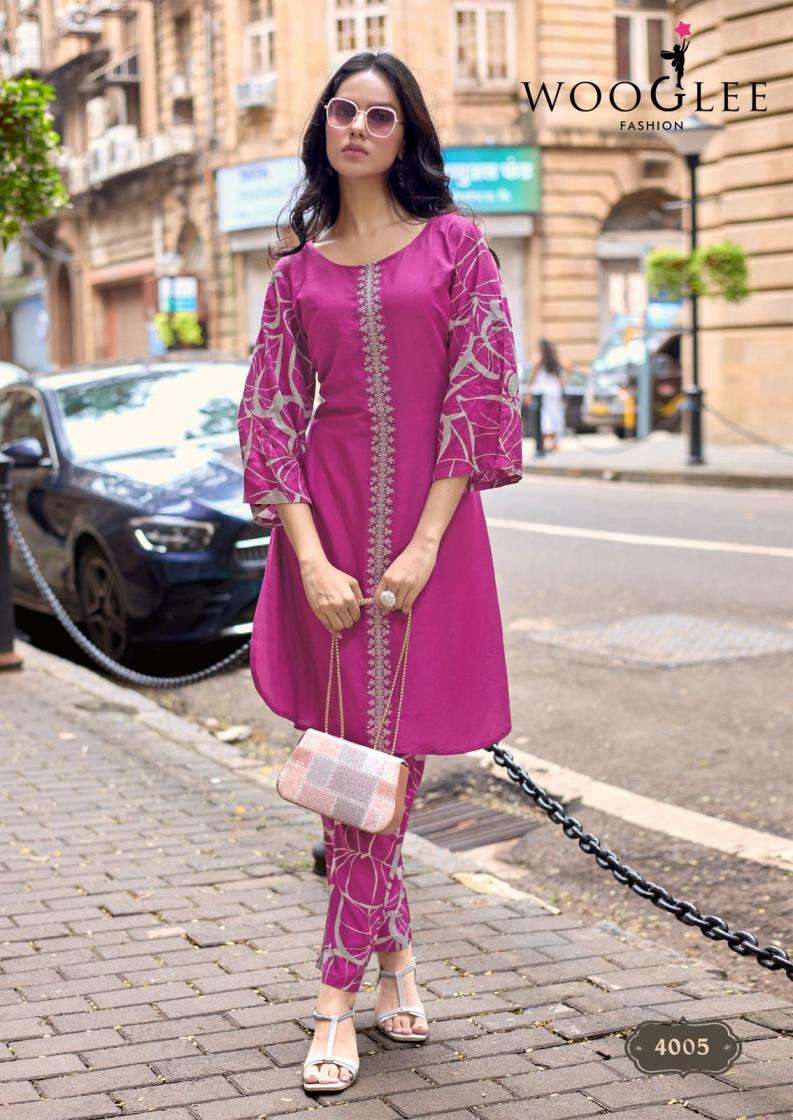 YANNA SERIES 4001 TO 4006 BY WOOGLEE DESIGNER THREAD AND HAND WORK RAYON KURTI WITH PANT ARE AVAILABLE AT WHOLESALE PRICE