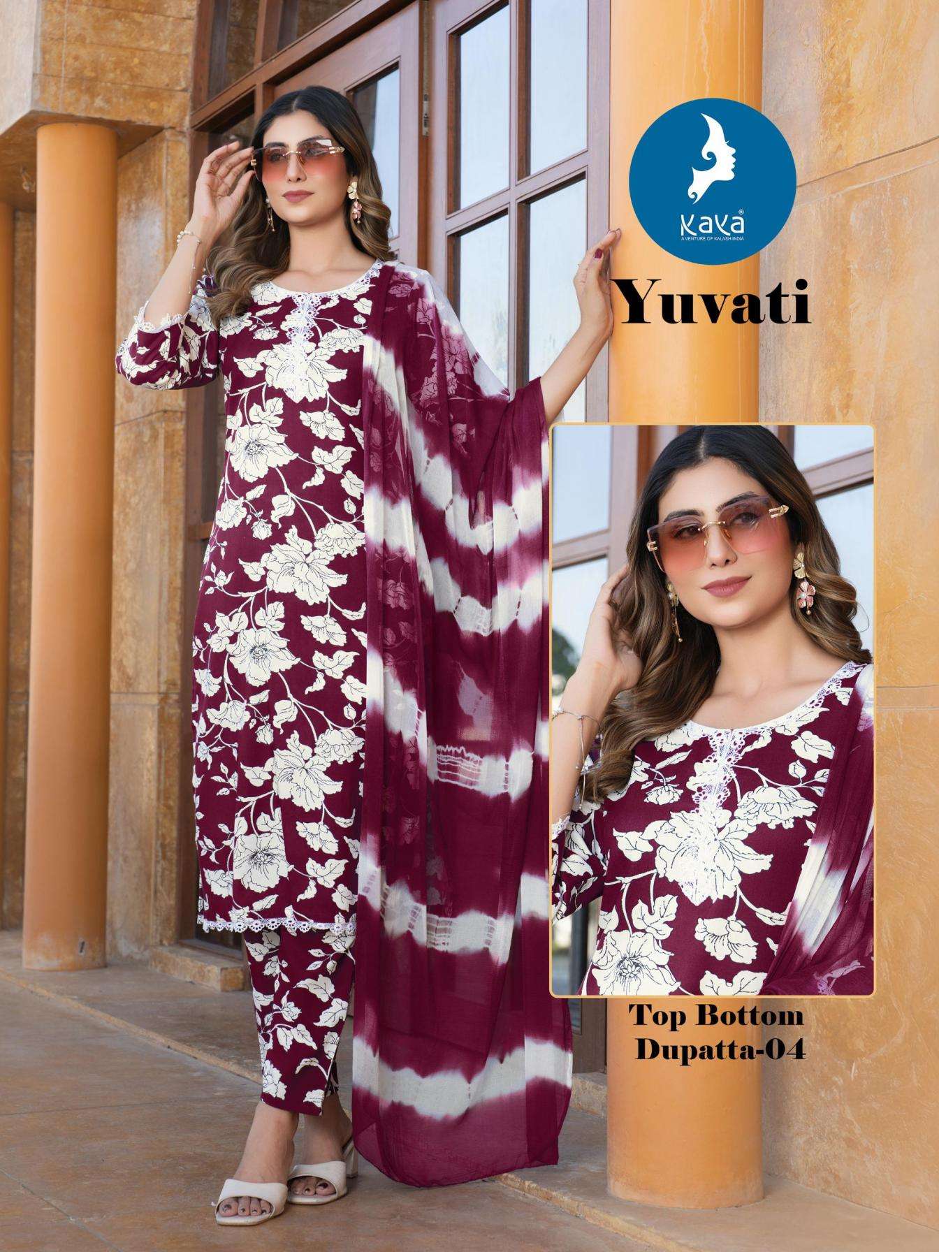 YUVATI SERIES 01 TO 06 BY KAYA DESIGNER PRINTED RAYON KURTI WITH BOTTOM AND DUPATTA ARE AVAILABLE AT WHOLESALE PRICE