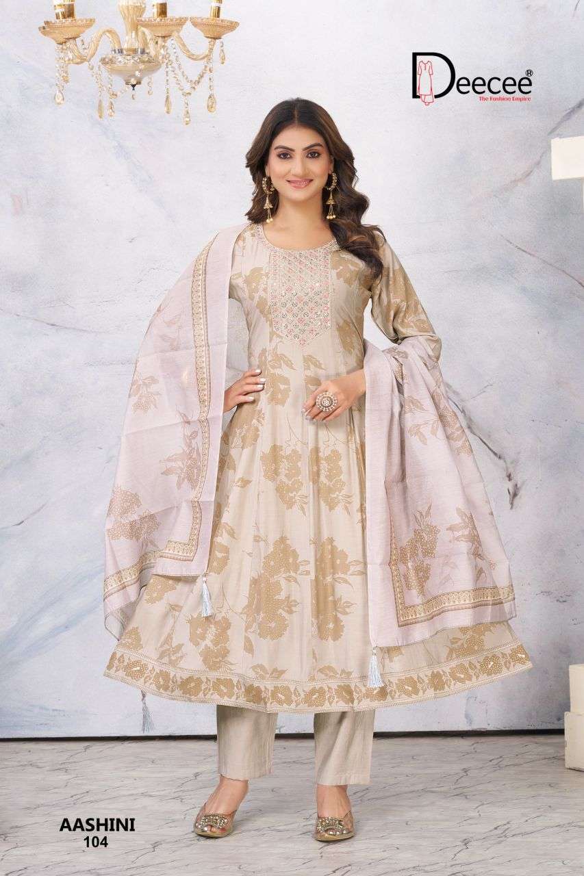 AASHINI SERIES 101 TO 106 BY DEE CEE DESIGNER EMBROIDERY AND YOCK WORK ROMAN SILK KALI STYLE KURTI WITH BOTTOM AND DUPATTA ARE AVAILABLE AT WHOLESALE PRICE