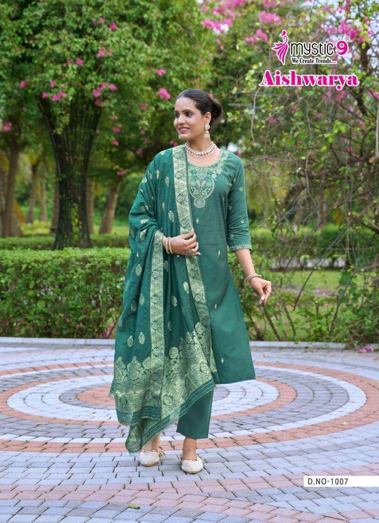 AISHWARYA VOL-1 SERIES 1001 TO 1008 BY MYSTIC 9 DESIGNER EMBROIDERY WORK ROMAN SILK SHIMMER TOP WITH BOTTOM AND DUPATTA ARE AVAILABLE AT WHOLESALE PRICE