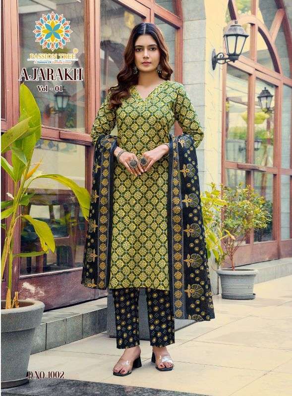 AJARAKH VOL-1 SERIES 1001 TO 1008 BY PASSION TREE DESIGNER PRINTED COTTON KURTI WITH BOTTOM AND DUPATTA ARE AVAILABLE AT WHOLESALE PRICE