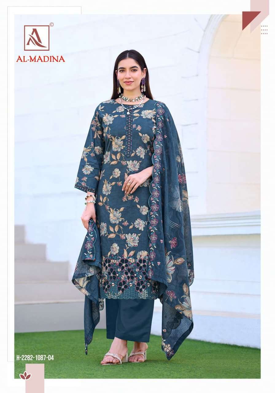 AL MADINA SERIES 2282 BY ALOK SUITS DESIGNER FOIL PRINTED AND EMBROIDERY WORK CAMBRIC COTTON SUITS ARE AVAILABLE AT WHOLESALE PRICE