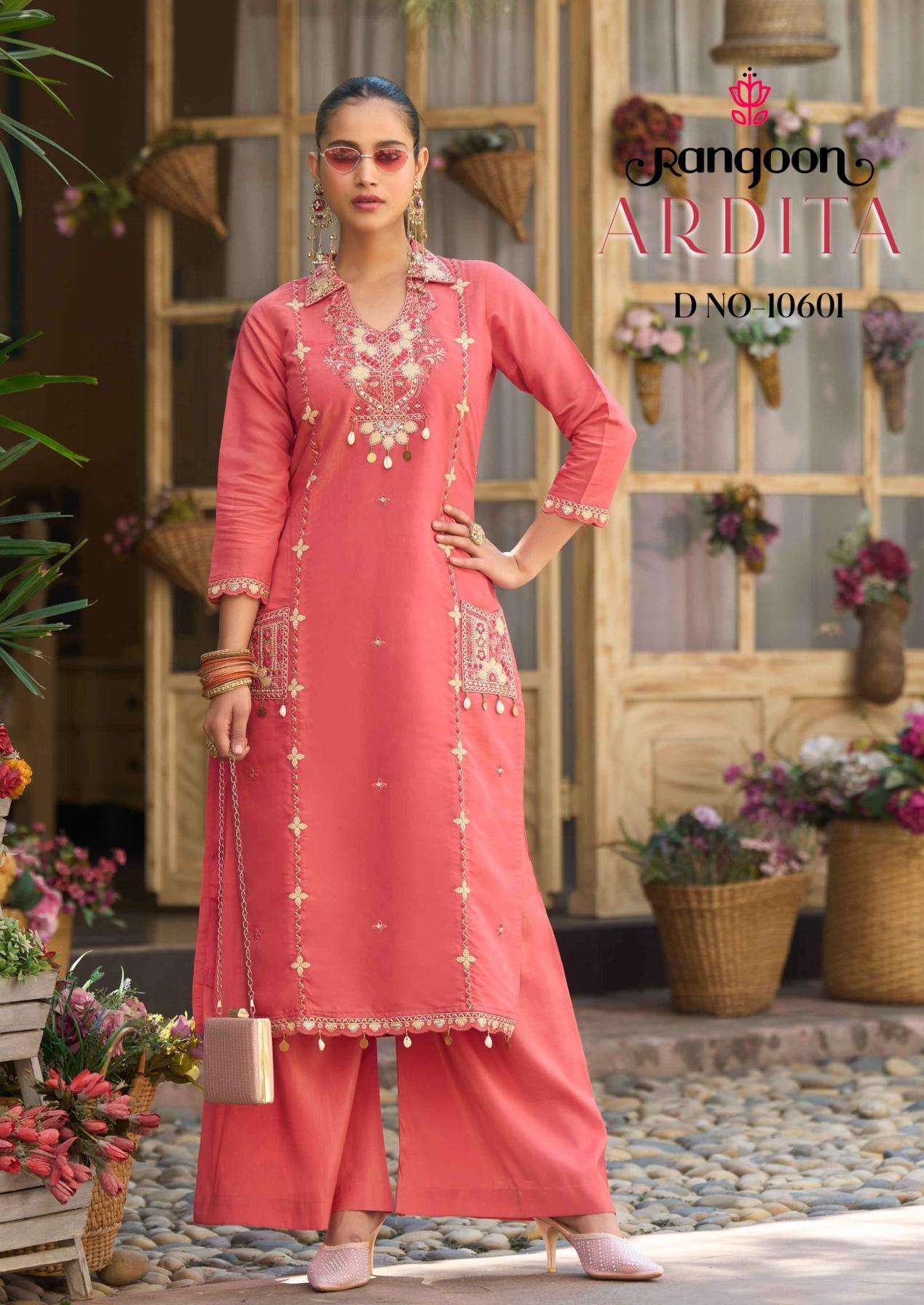 ARDITA SERIES 10601 TO 10604 BY RANGOON DESIGNER EMBROIDERY WORK VISCCOSE TOP WITH PLAZZO ARE AVAILABLE AT WHOLESALE PRICE
