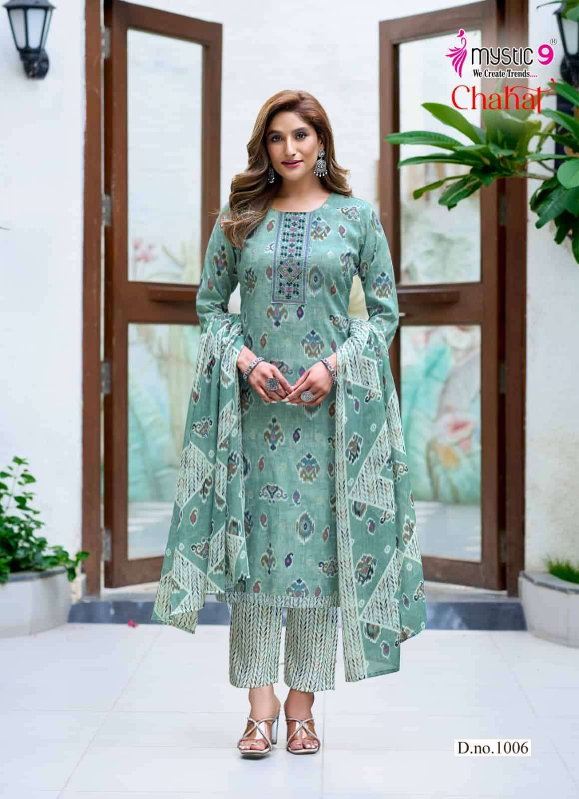 CHAHAT SERIES 1001 TO 1008 BY MYSTIC 9 DESIGNER PRINTED AND EMBROIDERY WORK RAYON CAPSULE TOP WITH BOTTOM AND DUPATTA ARE AVAILABLE AT WHOLESALE PRICE