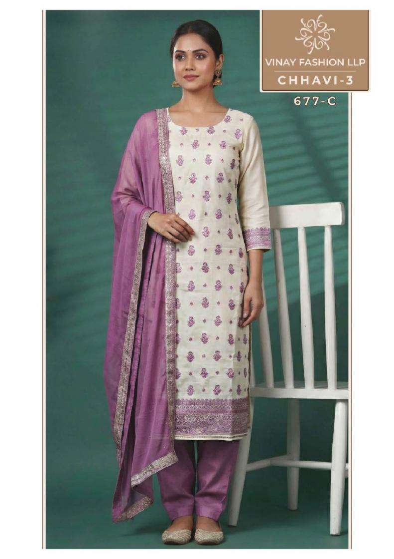 CHHAVI VOL-3 SERIES 677 BY VINAY DESIGNER MUSLIN WEAVED SUITS ARE AVAILABLE AT WHOLESALE PRICE