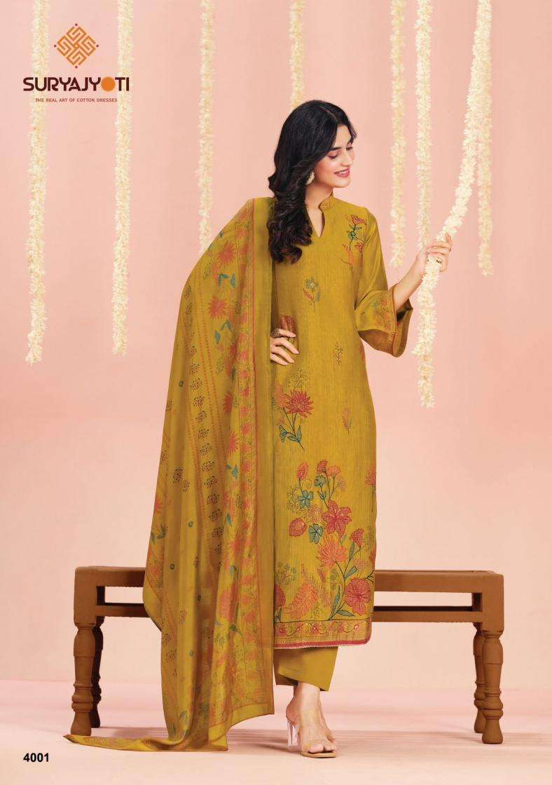 CHIKIRI VOL-4 SERIES 4001 TO 4006 BY SURYAJYOTI DESIGNER ROMAN VATICAN DISCHARGE PRINTED AND HAND WORK SUITS ARE AVAILABLE AT WHOLESALE PRICE