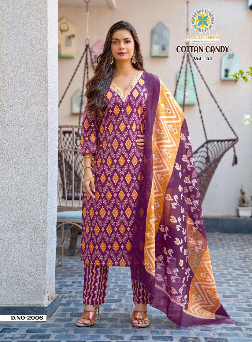 COTTAN CANDY VOL-2 SERIES 2001 TO 2008 BY PASSION TREE DESIGNER PRINTED AND WORK COTTON KURTI WITH BOTTOM AND DUPATTA ARE AVAILABLE AT WHOLESALE PRICE