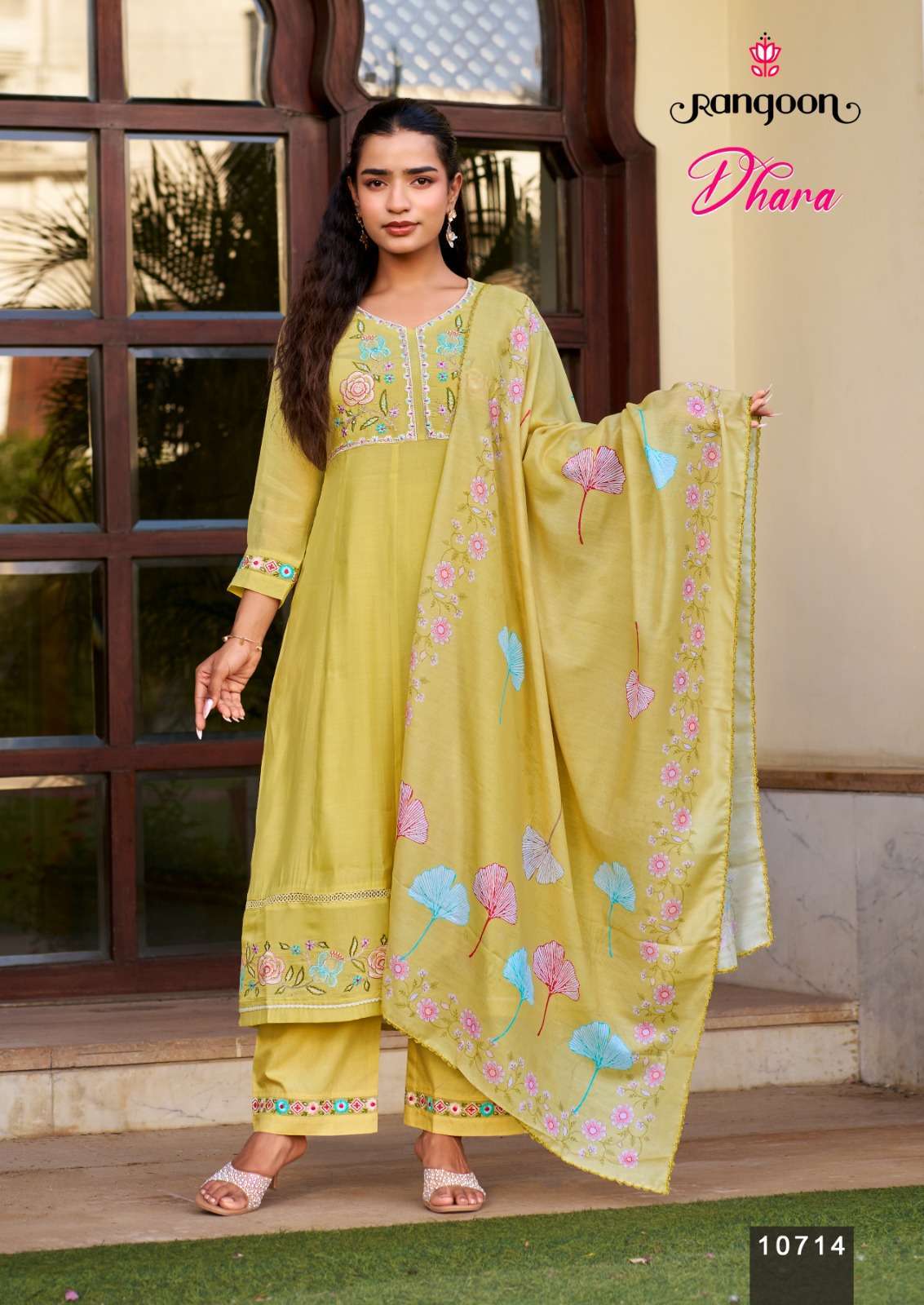 DHARA SERIES 10711 TO 10714 BY RANGOON DESIGNER KHATLI HAND WORK COTTON MUL CHANDERI ANARKALI KURTI WITH BOTTOM AND DUPATTA ARE AVAILABLE AT WHOLESALE PRICE 