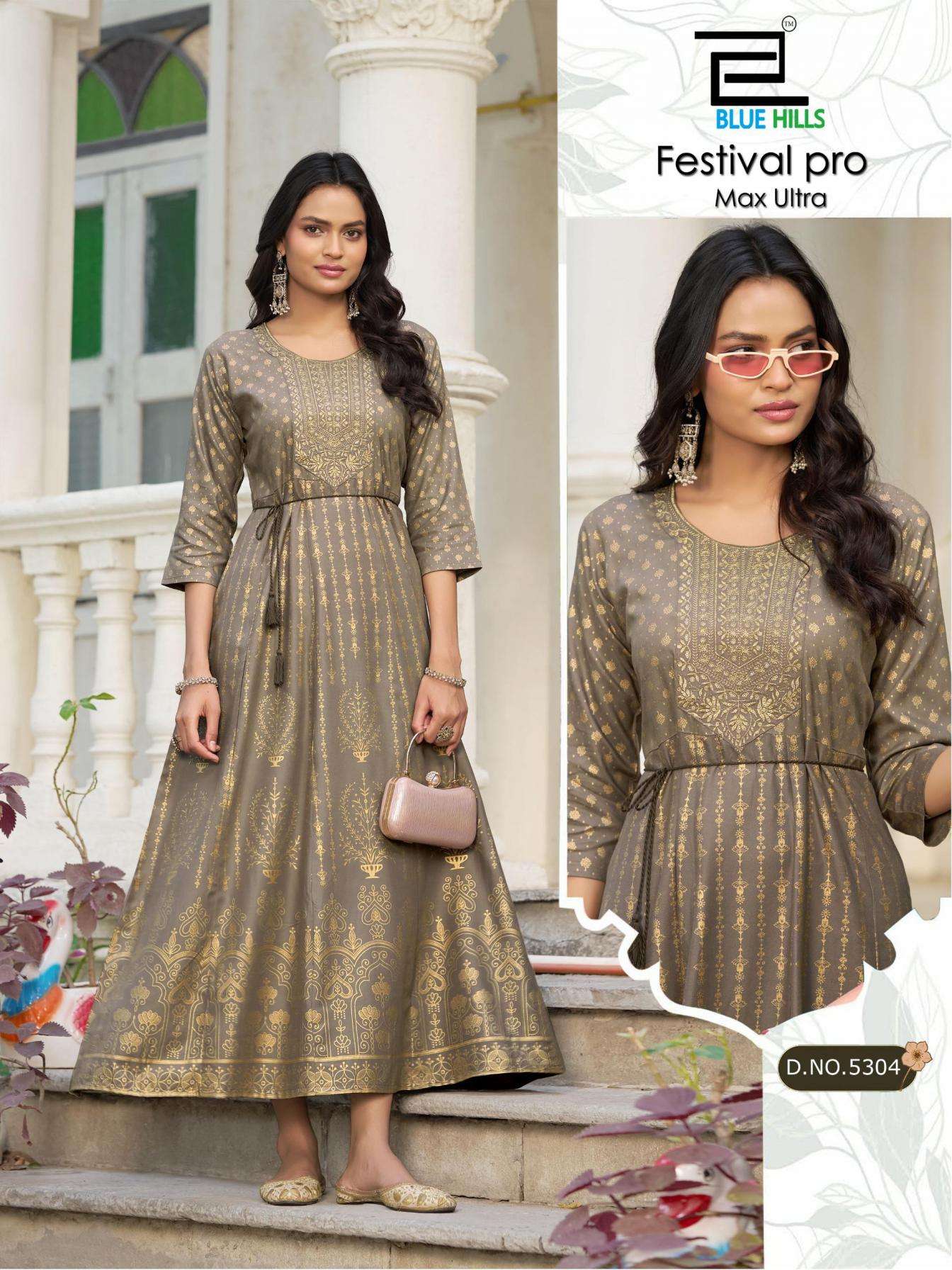 FESTIVAL PRO MAX ULTRA SERIES 5303 TO 5308 BY BLUE HILLS DESIGNER FOIL PRINT AND EMBROIDERY WORK RAYON GOWN ARE AVAILABLE AT WHOLESALE PRICE