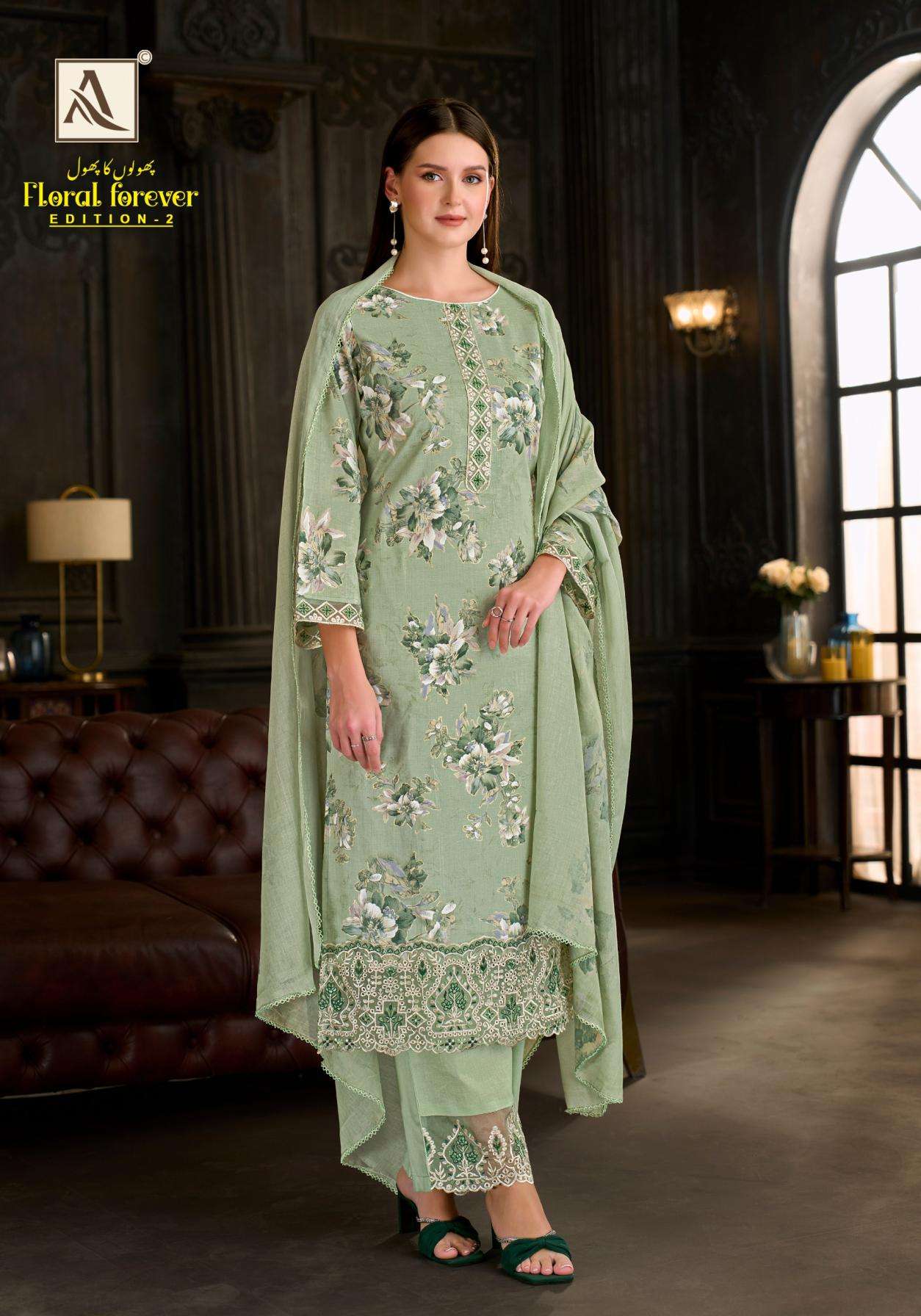 FLORAL FOREVER SERIES 3021 BY ALOK SUITS DESIGNER FOIL PRINT AND EMBROIDERY WORK CAMBRIC COTTON SUITS ARE AVAILABLE AT WHOLESALE PRICE