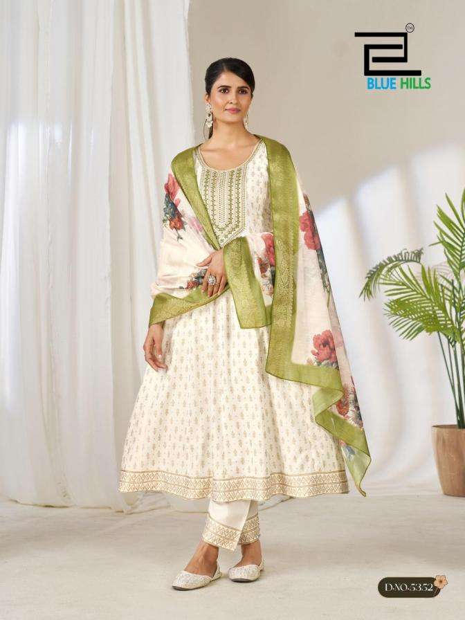 GEMINI SERIES 5347 TO 5352 BY BLUE HILLS DESIGNER FOIL PRINT AND EMBROIDERY WORK RAYON KURTI WITH BOTTOM AND DUPATTA ARE AVAILABLE AT WHOLESALE PRICE