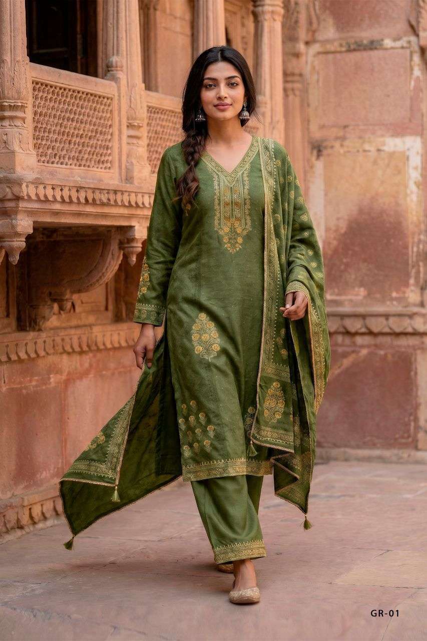 GRASS ROOTS SERIES 01 TO 04 BY VARSHA DESIGNER DIGITAL PRINTED AND HAND WORK VISCOSE MUSLIN SUITS ARE AVAILABLE AT WHOLESALE PRICE