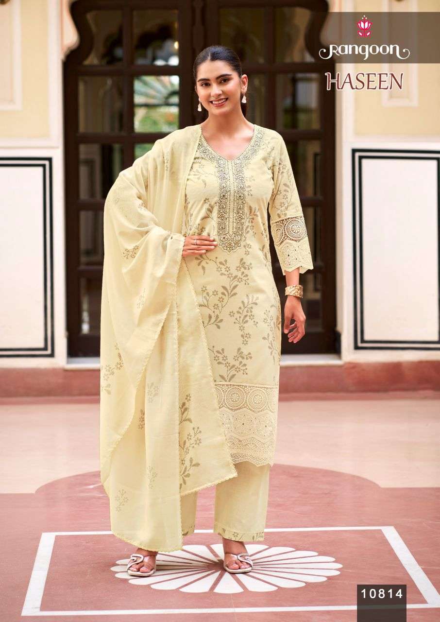 HASEEN SERIES 10811 TO 10814 BY RANGOON DESIGNER DIGITAL PRINTED AND FANCY WORK COTTON TOP WITH BOTTOM AND DUPATTA ARE AVAILABLE AT WHOLESALE PRICE 