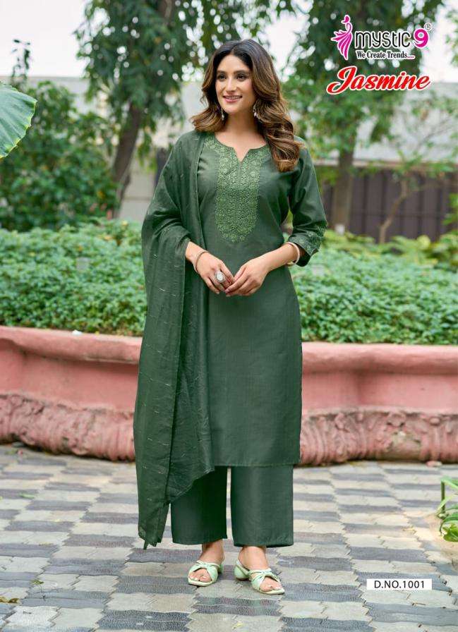 JASMINE VOL-1 SERIES 1001 TO 1008 BY MYSTIC 9 DESIGNER EMBROIDERY WORK VATICAN KURTI WITH BOTTOM AND DUPATTA ARE AVAILABLE AT WHOLESALE PRICE