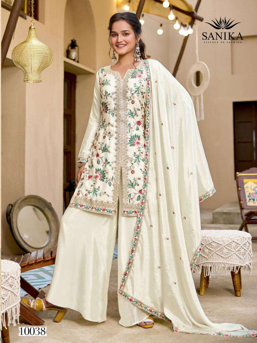 JIVA SERIES 10036 TO 10039 BY SANIKA DESIGNER EMBROIDERY AND HAND WORK CHINON SILK READYMADE SUITS ARE AVAILABLE AT WHOLESALE PRICE