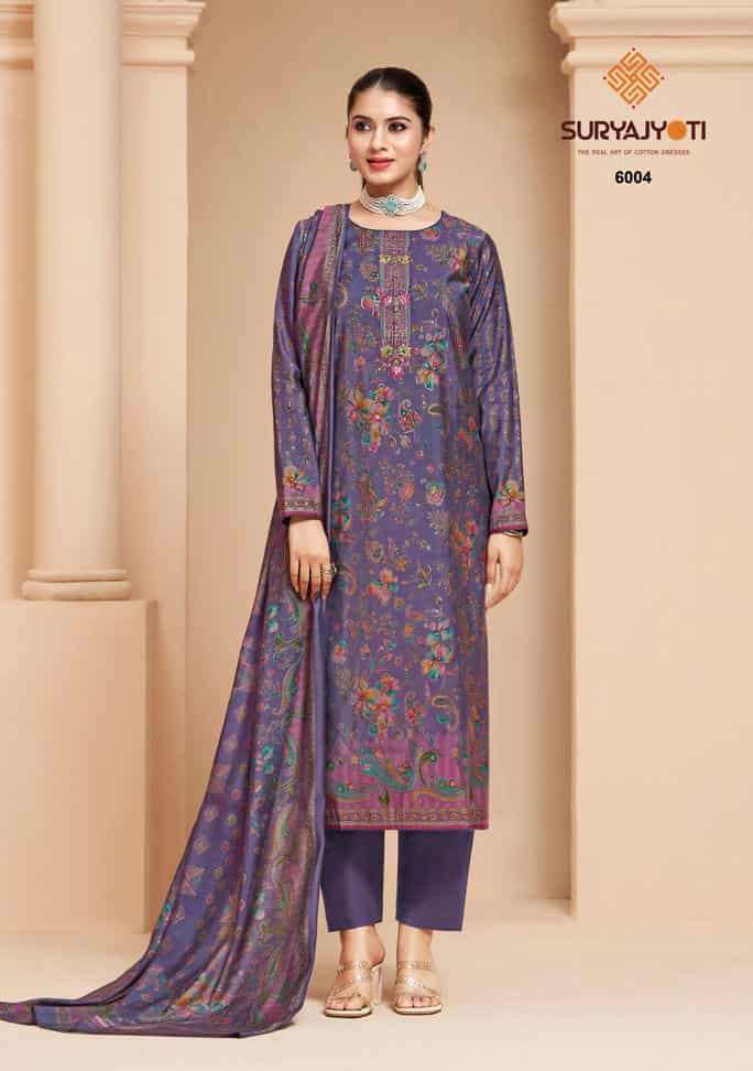KAJAL VOL-6 SERIES 6001 TO 6006 BY SURYAJYOTI DESIGNER MODAL SILK DISCHARGE PRINT AND EMBROIDERY WORK SUITS ARE AVAILABLE AT WHOLESALE PRICE