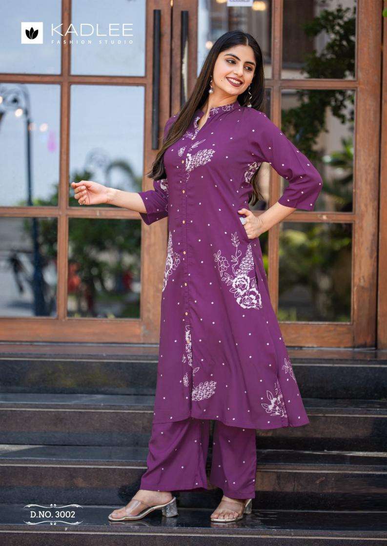 KARNAEE SERIES 3001 TO 3006 BY KADLEE DESIGNER PRINTED RAYON KURTI WITH PLAZZO ARE AVAILABLE AT WHOLESALE PRICE