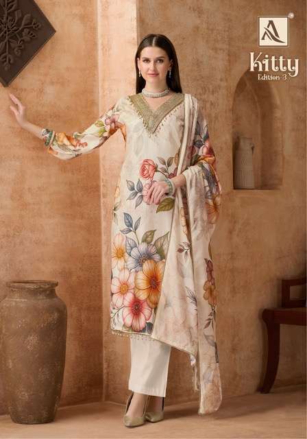 KITTY EDITION-3 SERIES 2280 BY ALOK SUITS DESIGNER DIGITAL PRINTED AND EMBROIDERY WORK VISCOSE MUSLIN SUITS ARE AVAILABLE AT WHOLESALE PRICE