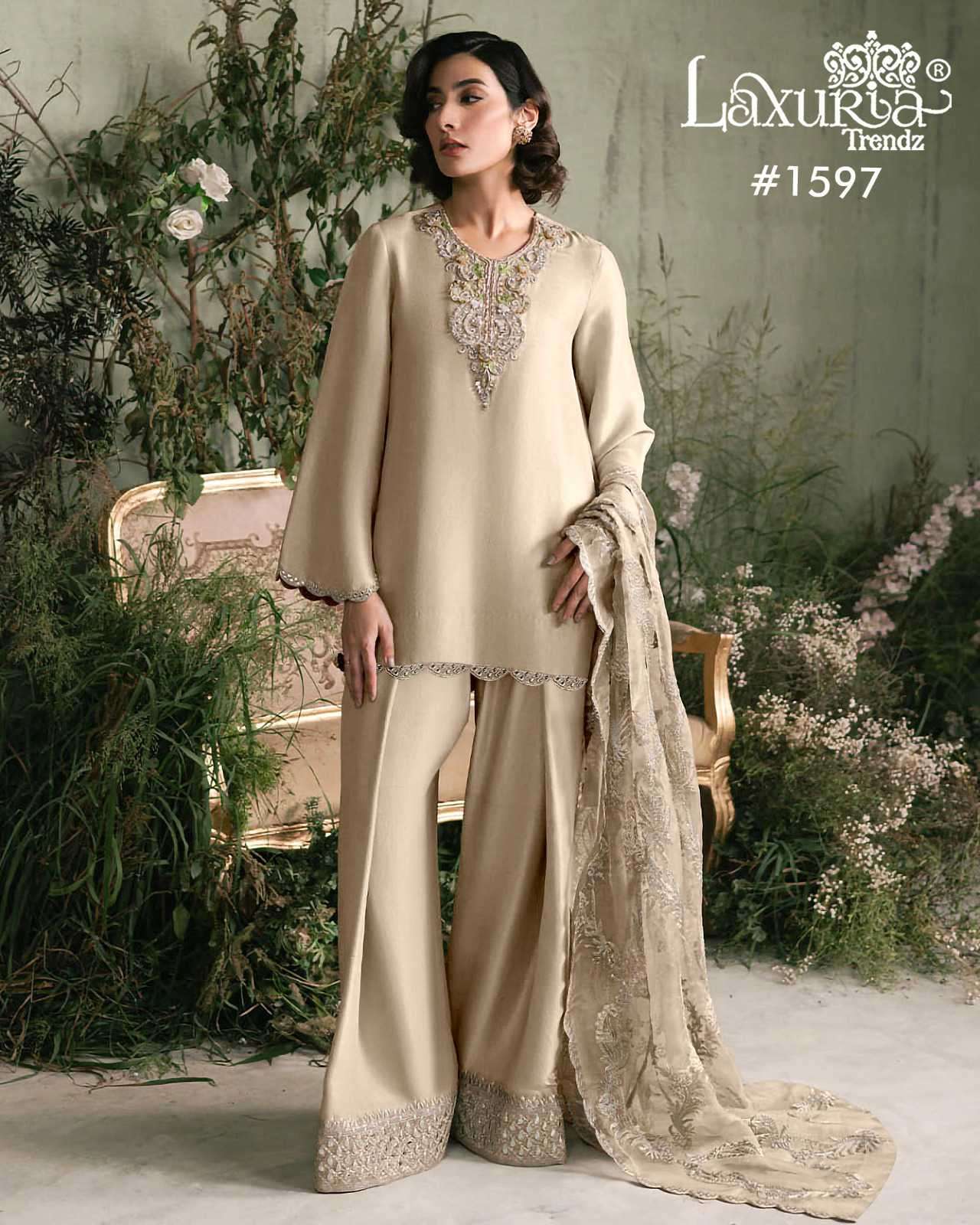 LAXURIA TRENDZ 1597 DESIGNER EMBROIDERY WORK SATIN TOP WITH BOTTOM AND DUPATTA ARE AVAILABLE AT WHOLESALE PRICE