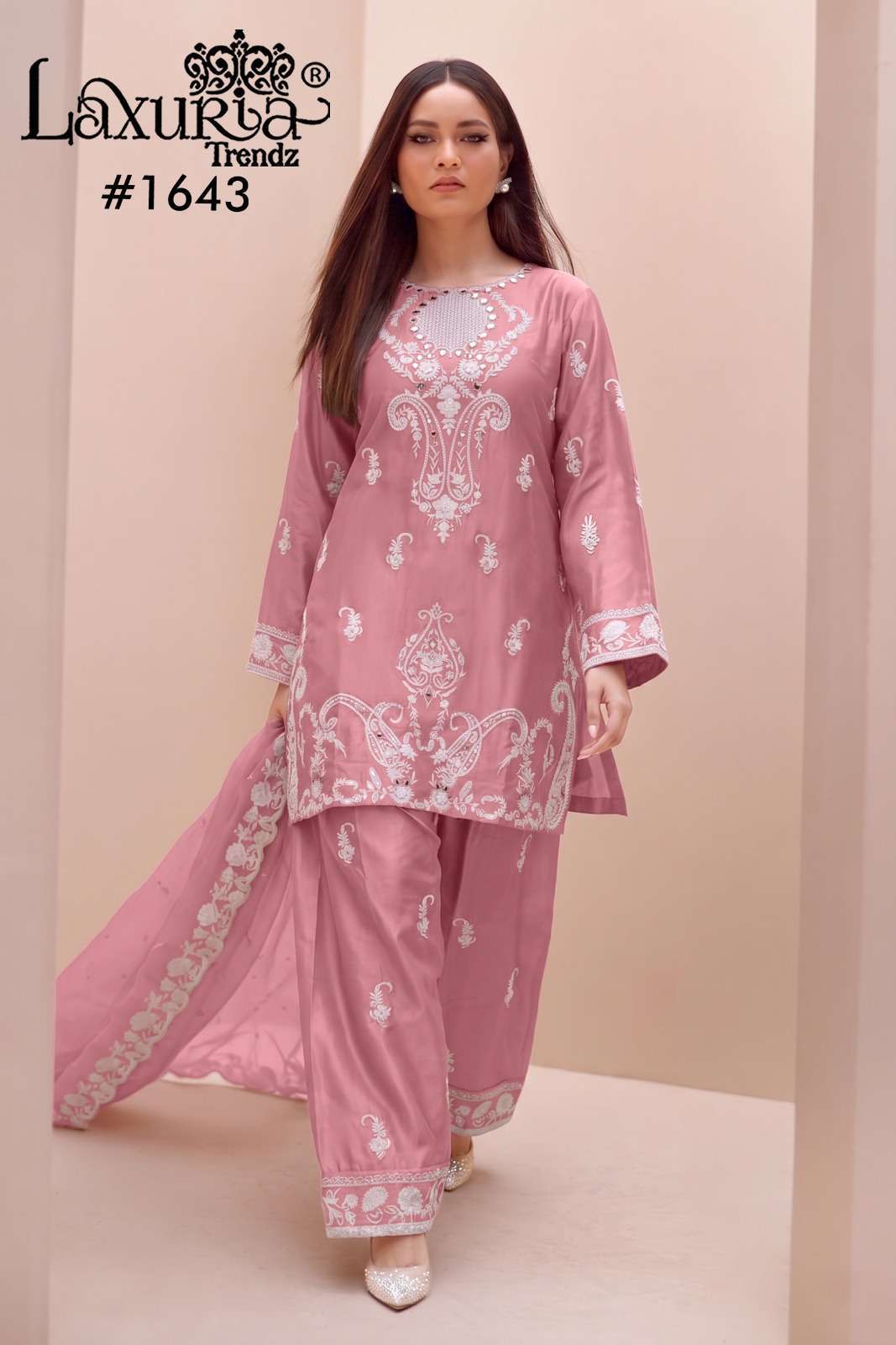 LAXURIA TRENDZ 1643 DESIGNER EMBROIDERY WORK ZAM COTTON TOP WITH FARSHI BOTTOM AND DUPATTA ARE AVAILABLE AT WHOLESALE PRICE