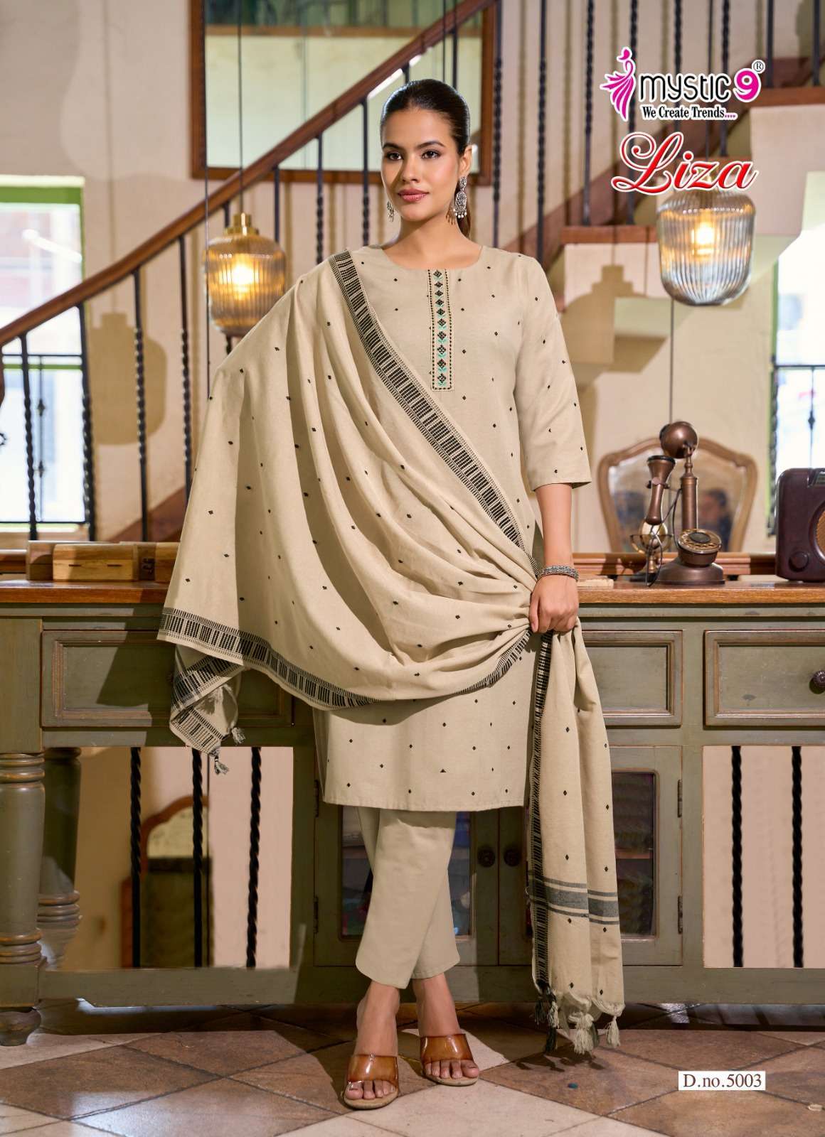LIZA VOL-5 SERIES 5001 TO 5008 BY MYSTIC 9 DESIGNER WORK HANDLOOM COTTON KURTI WITH BOTTOM AND DUPATTA ARE AVAILABLE AT WHOLESALE PRICE