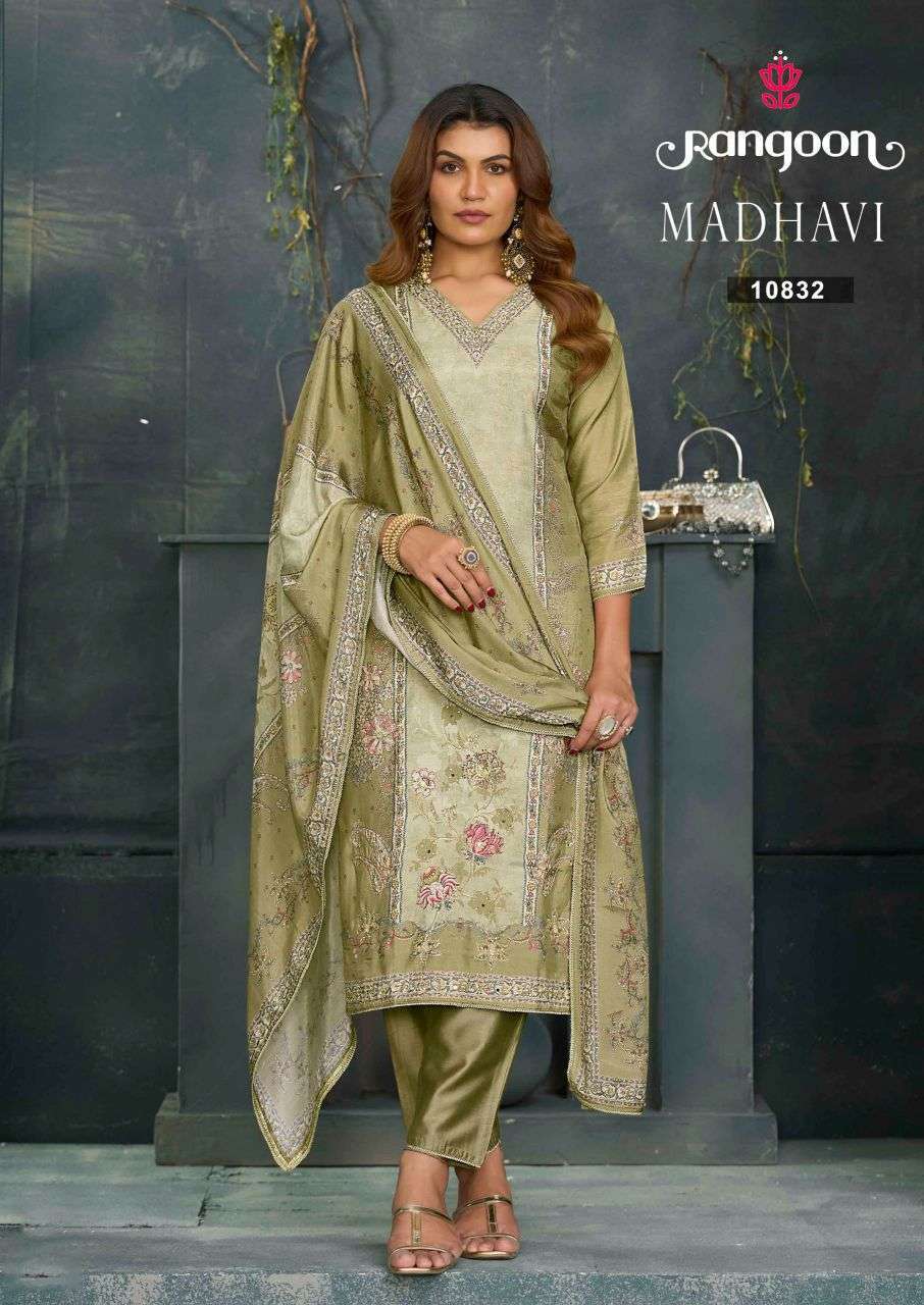 MADHAVI SERIES 10831 TO 10834 BY RANGOON DESIGNER DIGITAL PRINTED AND AARI WORK MUSLIN TOP WITH BOTTOM AND DUPATTA ARE AVAILABLE AT WHOLESALE PRICE