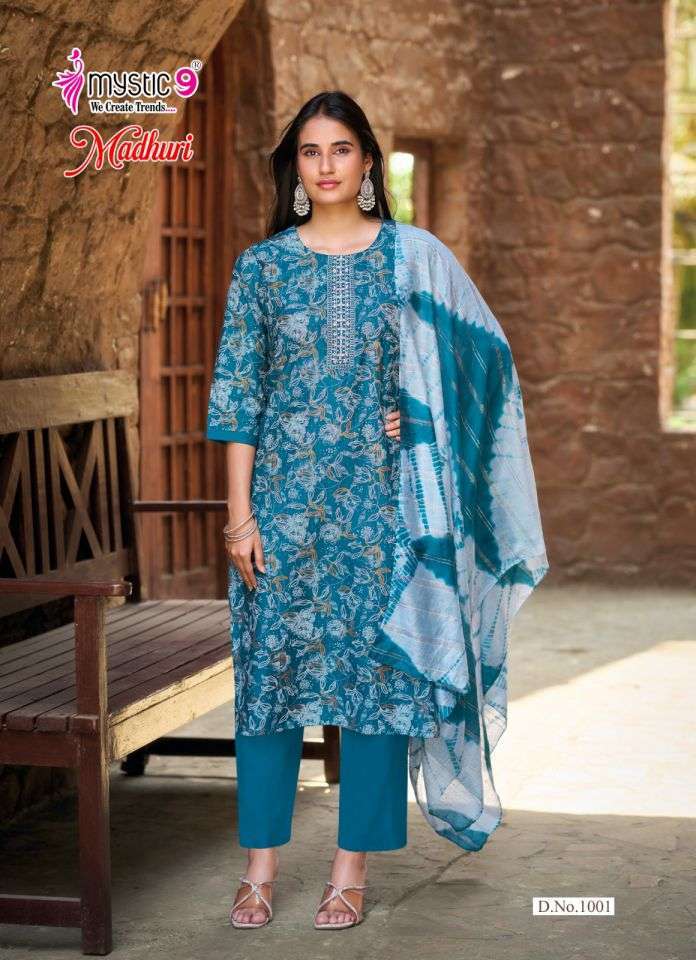 MADHURI VOL-1 SERIES 1001 TO 1008 BY MYSTIC 9 DESIGNER FOIL PRINT AND EMBROIDERY WORK VATICAN KURTI WITH BOTTOM AND DUPATTA ARE AVAILABLE AT WHOLESALE PRICE 