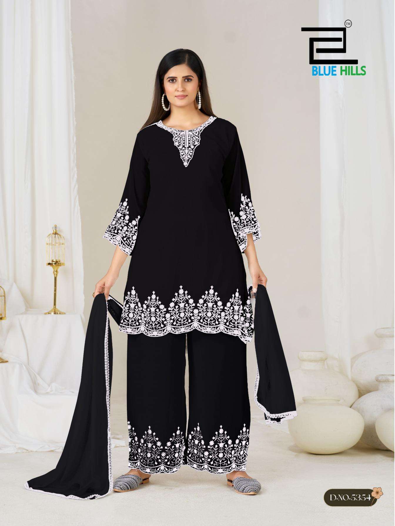 MAHNOOR BLACK & WHITE SERIES 5353 TO 5354 BY BLUE HILLS DESIGNER THREAD WORK GEORGETTE KURTI WITH BOTTOM AND DUPATTA ARE AVAILABLE AT WHOLESALE PRICE 