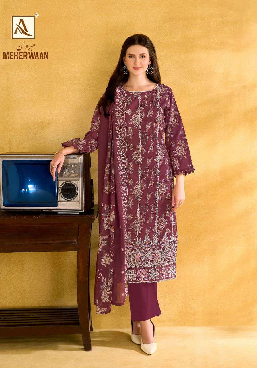 MEHERWAAN SERIES 3022 BY ALOK SUITS DESIGNER FOIL PRINTED AND EMBROIDERY WORK CAMBRIC COTTON SUITS ARE AVAILABLE AT WHOLESALE PRICE