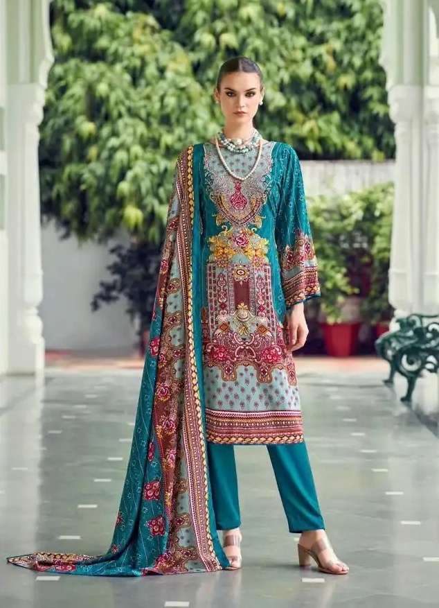 NAFEEZA SERIES 1001 TO 1006 BY MUMTAZ ARTS DESIGNER DIGITAL DISCHARGE PRINT AND ZARKAN WORK VISCOSE RAYON SUITS ARE AVAILABLE AT WHOLESALE PRICE