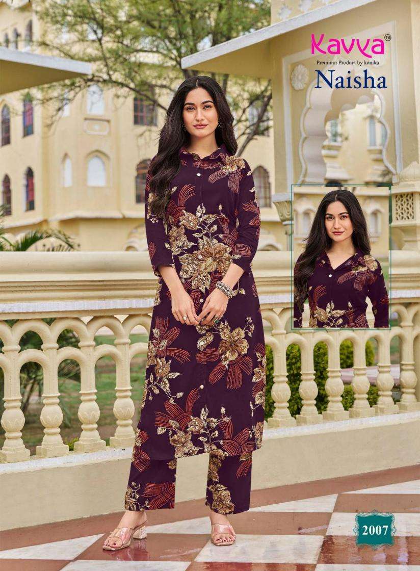 NAISHA VOL-2 SERIES 2001 TO 2010 BY KAVYA DESIGNER PRINTED RAYON CO ORD SETS ARE AVAILABLE AT WHOLESALE PRICE