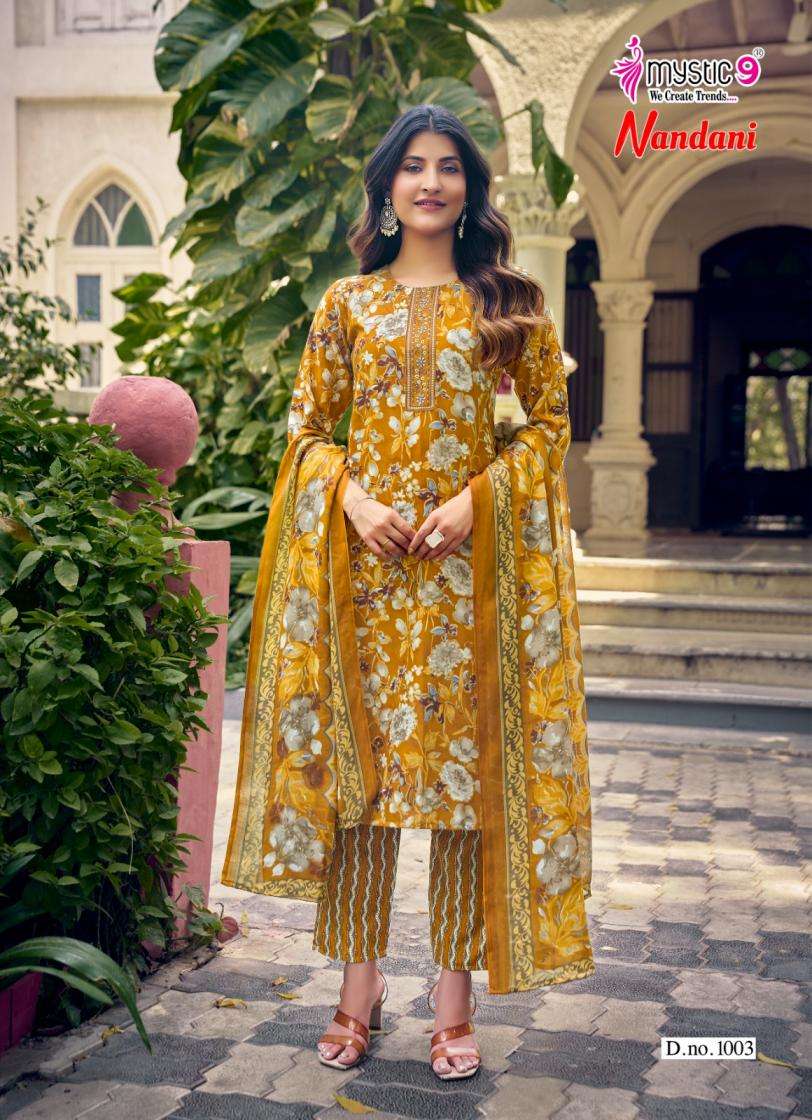 NANDANI VOL-1 SERIES 1001 TO 1008 BY MYSTIC 9 DESIGNER FOIL PRINTED AND EMBROIDERY WORK RAYON KURTI WITH BOTTOM AND DUPATTA ARE AVAILABLE AT WHOLESALE PRICE