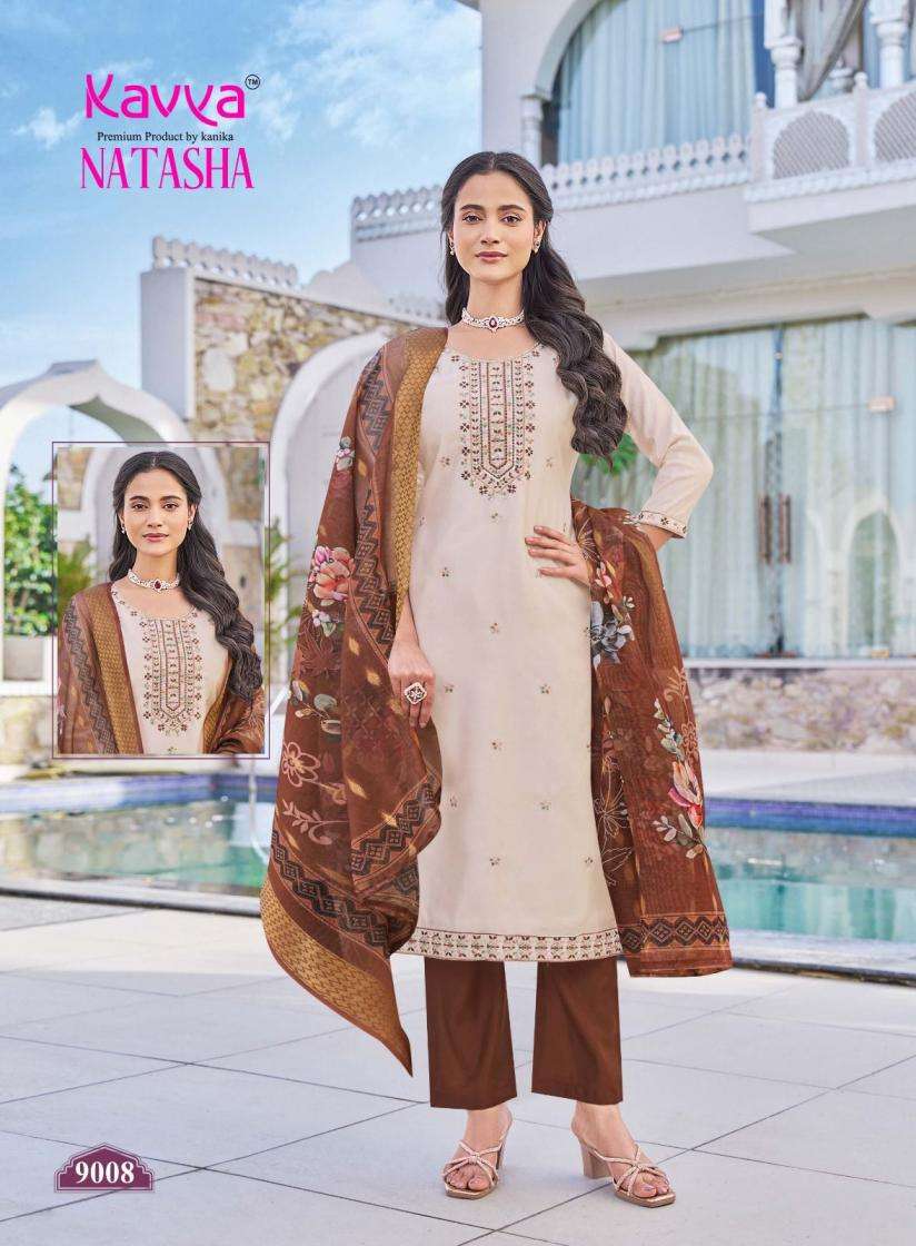 NATASHA VOL-9 SERIES 9001 TO 9010 BY KAVYA DESIGNER PRINTED AND WORK ROMAN SILK TOP WITH BOTTOM AND DUPATTA ARE AVAILABLE AT WHOLESALE PRICE
