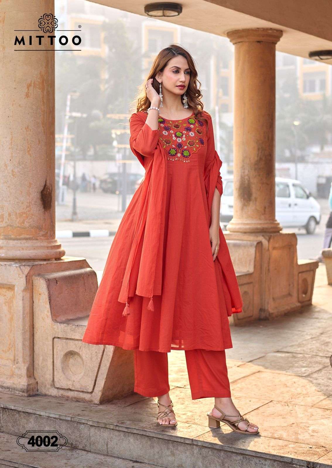 NAZIRA SERIES 4001 TO 4004 BY MITTO DESIGNER THREAD AND HAND WORK ANARKALI MUL COTTON KURTI WITH BOTTOM AND DUPATTA ARE AVAILABLE AT WHOLESALE PRICE