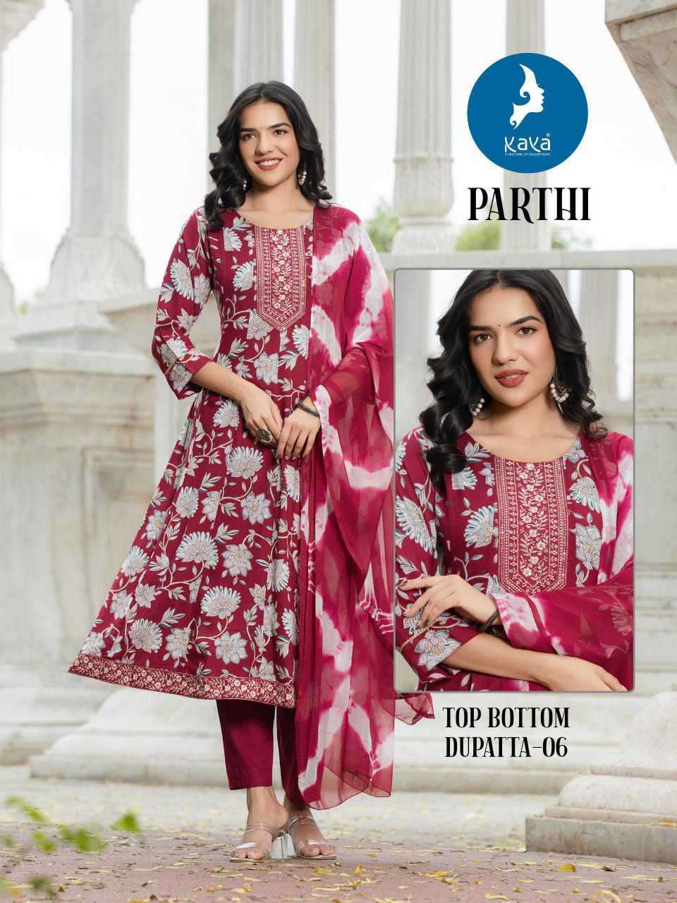 PARTHI SERIES 01 TO 06 BY KAYA DESIGNER PRINTED RAYON ANARKALI KURTI WITH BOTTOM AND DUPATTA ARE AVAILABLE AT WHOLESALE PRICE