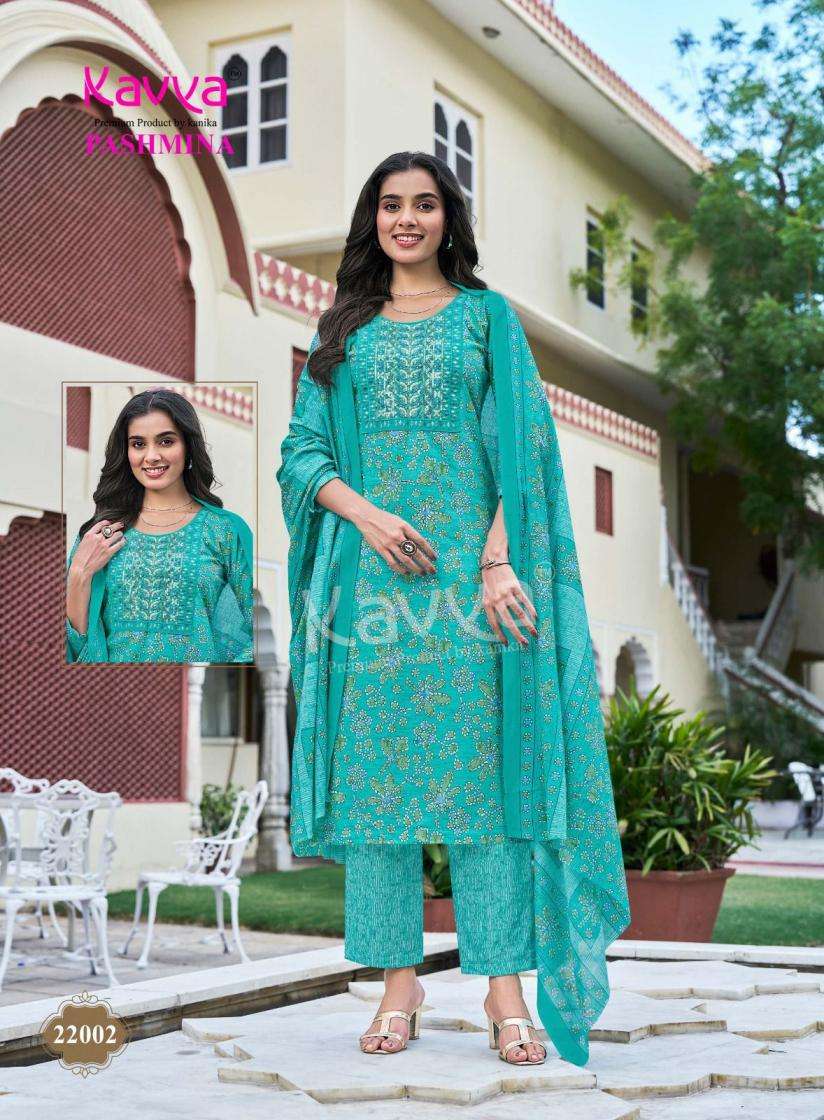 PASHMINA VOL-22 SERIES 22001 TO 22010 BY KAVYA DESIGNER PRINTED AND EMBROIDERY WORK COTTON KURTI WITH BOTTOM AND DUPATTA ARE AVAILABLE AT WHOLESALE PRICE