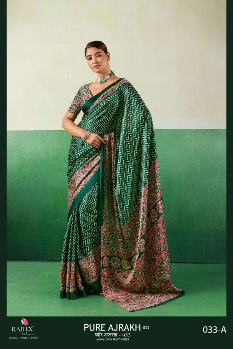 PURE AJRAKH VOL-33 SERIES 033A TO 033F SAREE BY RAJTEX DESIGNER AJRAKH PRINT MODAL SATIN SAREES ARE AVAILABLE AT WHOLESALE PRICE