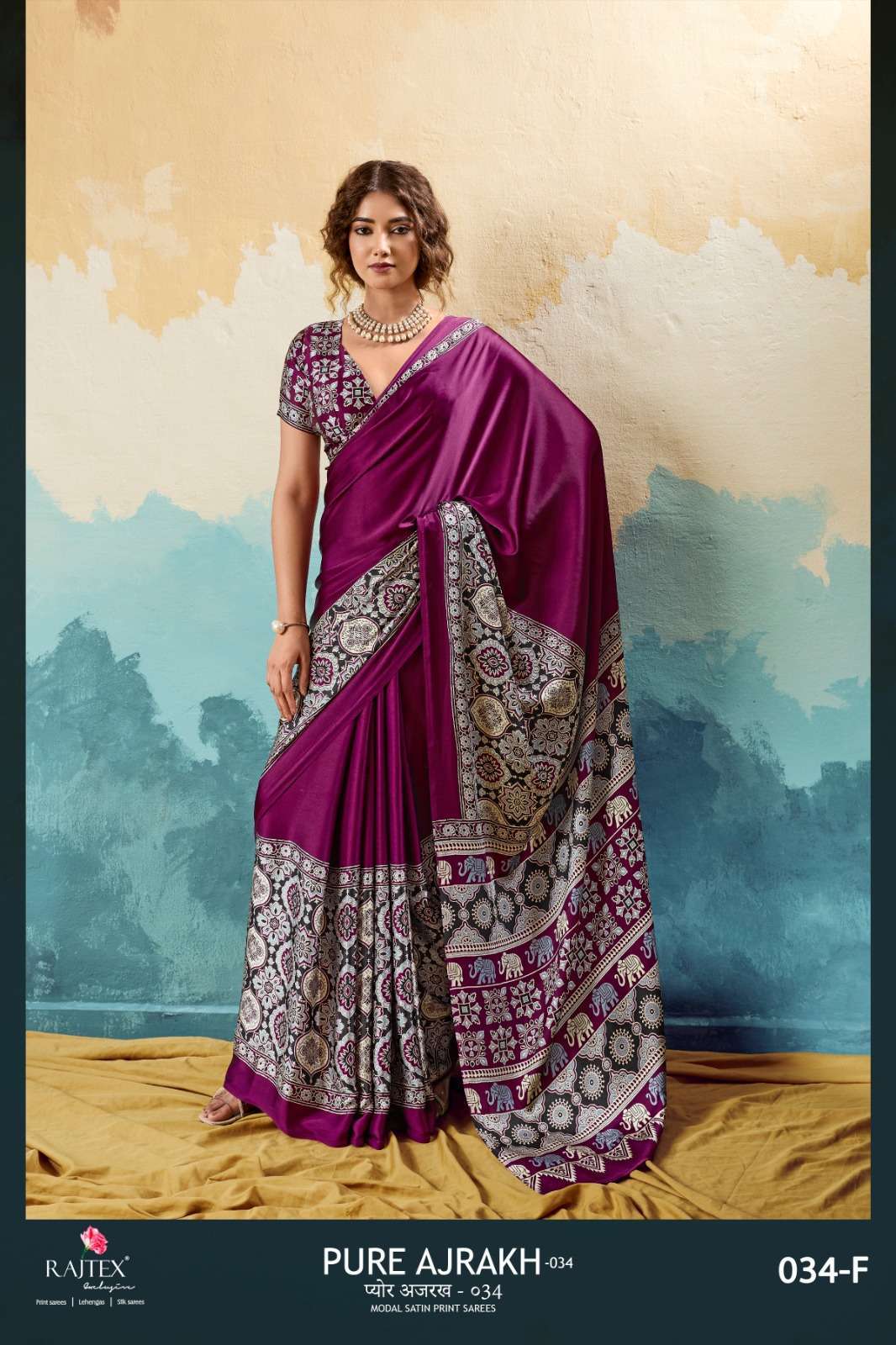 PURE AJRAKH VOL-34 SERIES 034A TO 034F SAREE BY RAJTEX DESIGNER AJRAKH PRINT MODAL SATIN SAREES ARE AVAILABLE AT WHOLESALE PRICE