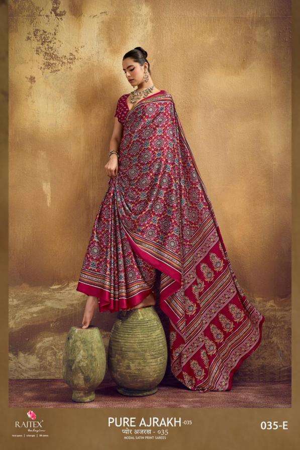 PURE AJRAKH VOL-35 SERIES 035A TO 035F SAREE BY RAJTEX DESIGNER AJRAKH PRINTED MODAL SATIN SAREES ARE AVAILABLE AT WHOLESALE PRICE