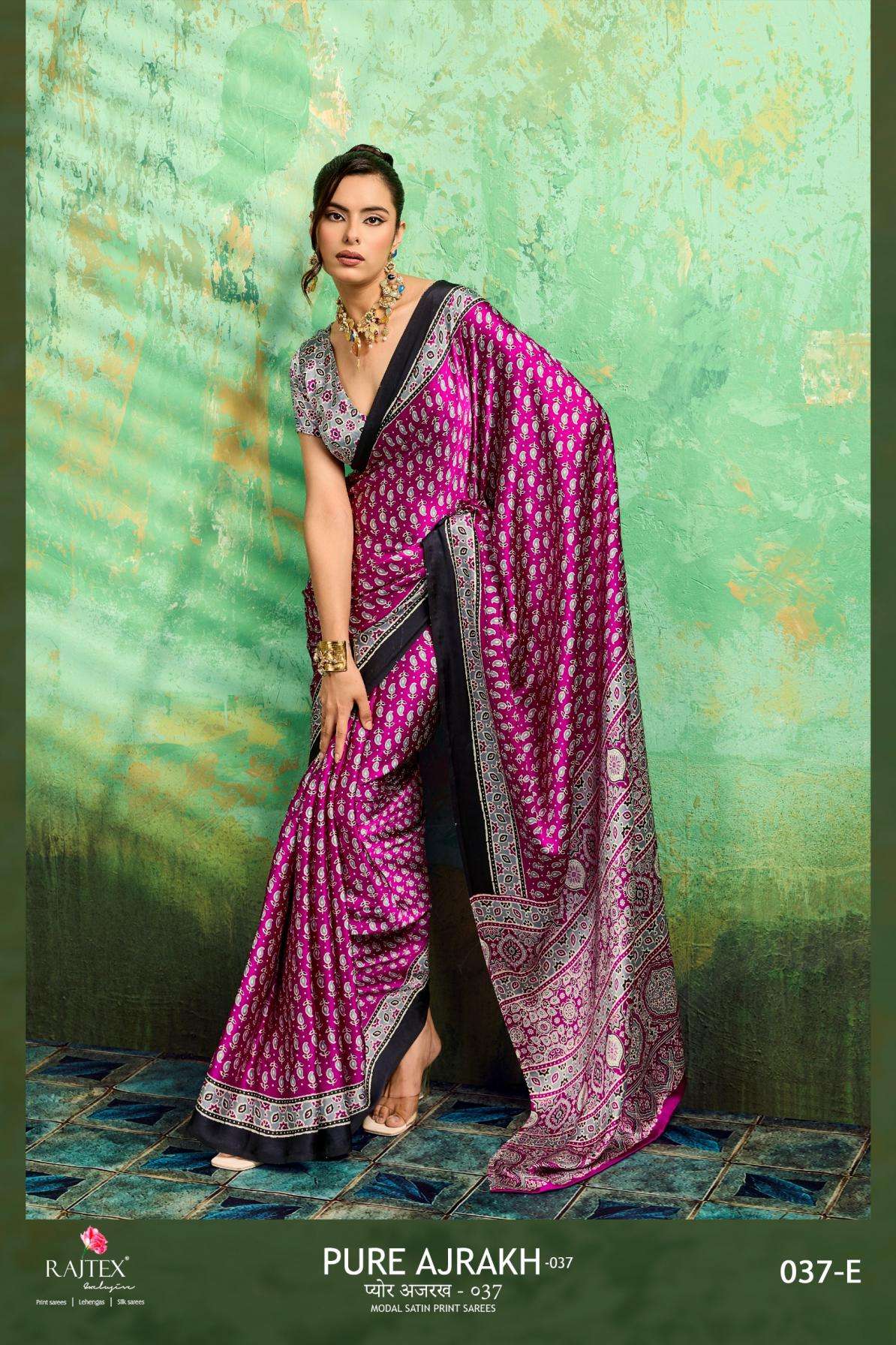 PURE AJRAKH VOL-37 SERIES 037A TO 037F SAREE BY RAJTEX DESIGNER AJRAKH PRINT MODAL SATIN SAREES ARE AVAILABLE AT WHOLESALE PRICE