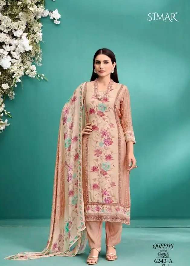 QUEENS SERIES 6243 BY SIMAR GLOSSY DESIGNER DIGITAL PRINTED AND WORK MUSLIN SUITS ARE AVAILABLE AT WHOLESALE PRICE