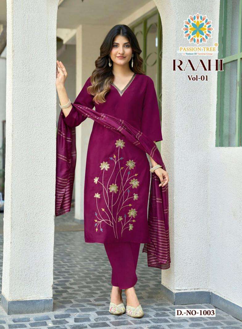 RAAHI VOL-1 SERIES 1001 TO 1008 BY PASSION TREE DESIGNER EMBROIDERY WORK ROMAN SILK TOP WITH BOTTOM AND DUPATTA ARE AVAILABLE AT WHOLESALE PRICE