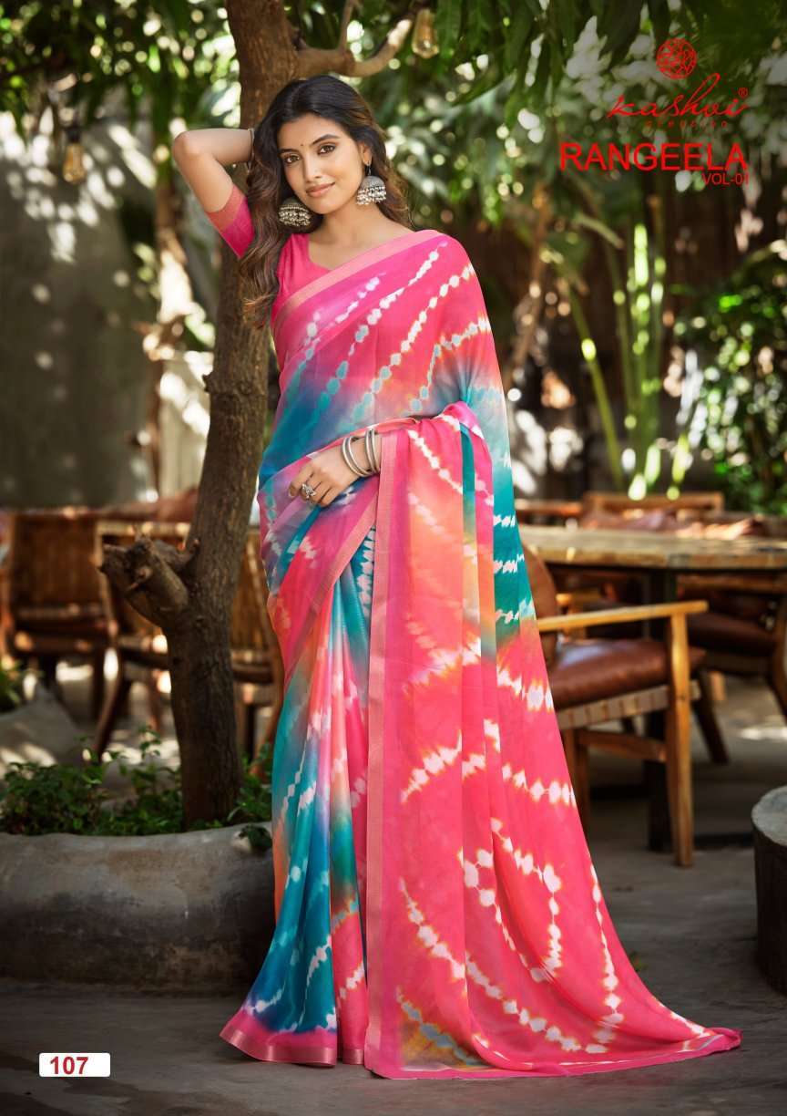 RANGEELA VOL-1 SERIES 101 TO 108 SAREE BY KASHVI DESIGNER PRINTED MOSS SAREES ARE AVAILABLE AT WHOLESALE PRICE