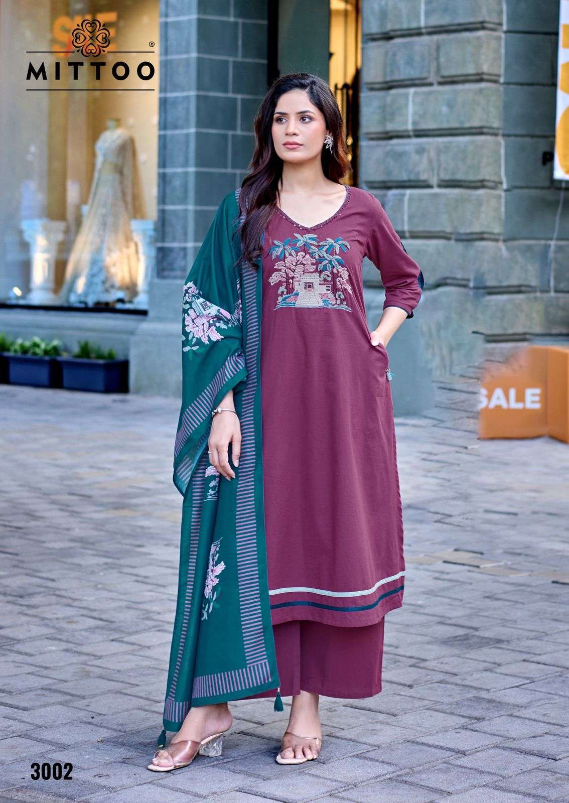 RESHAM SERIES 3001 TO 3004 BY MITTO DESIGNER THREAD AND KHATLI WORK DHABU COTTON TOP WITH PLAZZO AND DUPATTA ARE AVAILABLE AT WHOLESALE PRICE